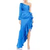 Mac Duggal One Sleeve Cut Out Asymmetrical Ruffled Gown In Cobalt