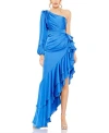Mac Duggal One Sleeve Cut Out Asymmetrical Ruffled Gown In Cobalt
