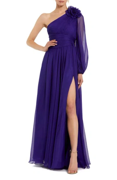 Mac Duggal One Sleeve Ruched Chiffon Gown With 3d Flower