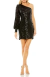 Mac Duggal One Sleeve Sequin Mini Dress In Black