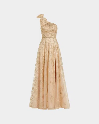 Mac Duggal One-shoulder Embroidered Mesh Gown In Neutral