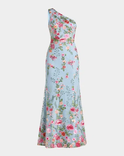 Mac Duggal One-shoulder Floral Embroidered Gown In Multi