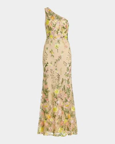 Mac Duggal One-shoulder Floral-embroidered Mermaid Gown In Yellow