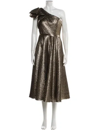Pre-owned Mac Duggal One-shoulder Midi Length Dress In Gold