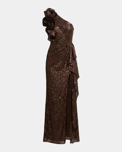 Mac Duggal One Shoulder Sequin Ruffle Detail Gown In Brown