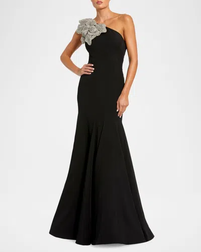 Mac Duggal One-shoulder Trumpet Gown W/ Crystal Flower In Black