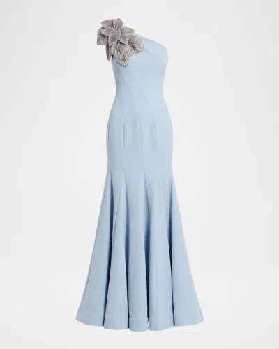 Mac Duggal One-shoulder Trumpet Gown W/ Crystal Flower In Blue