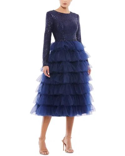 Mac Duggal Ong Sleeve Ruffle Tiered Midi Dress In Blue
