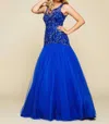 Mac Duggal Open Back Beaded Gown In Cobalt In Blue