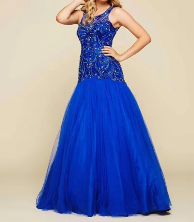 Mac Duggal Open Back Beaded Gown In Cobalt In Blue