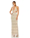 Mac Duggal Open Back Cut Out Fringe Embellished Gown In Brown