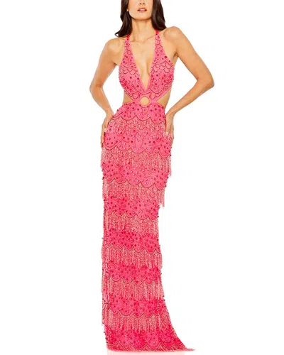 Mac Duggal Open Back Cut Out Fringe Embellished Gown In Pink