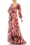 Mac Duggal Floral Cutout Open Back Blouson Sleeve Dress In Pink