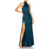 Mac Duggal Open Back High Neck Side Ruched Gown In Ocean