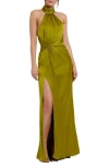 Mac Duggal Open Back High Neck Side Ruched Gown In Olive