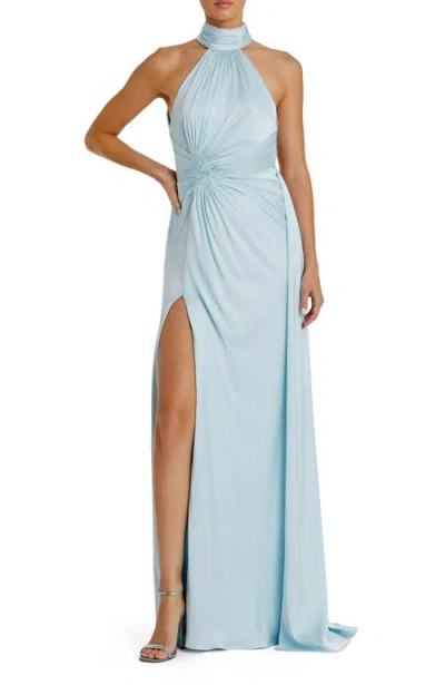 Mac Duggal Open Back High Neck Side Ruched Gown In Powder Blue