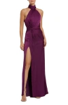 Mac Duggal Open Back High Neck Side Ruched Gown In Purple