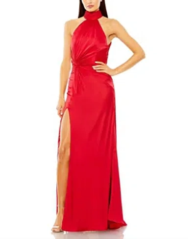 Mac Duggal Open Back High Neck Side Ruched Gown In Red