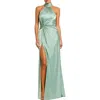 Mac Duggal Women's Halterneck Open-back Satin Gown In Sage