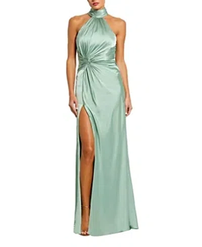 Mac Duggal Women's Halterneck Open-back Satin Gown In Sage