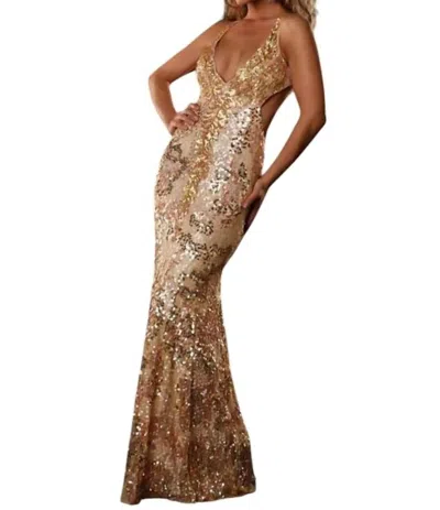 Mac Duggal Open Back Sequin Gown In Champagne In Brown