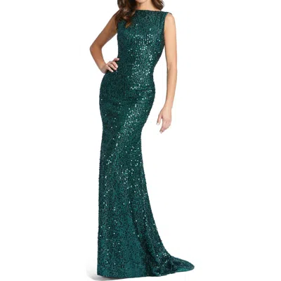 Mac Duggal Open Cowl Back Boat Neck Sequined Evening Gown In Green