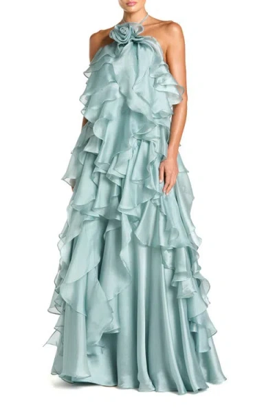 Mac Duggal Organza Halter Neck Open Back Ruffle Gown In Green