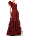 Mac Duggal Ruffled One Shoulder Tiered Chiffon Gown In Wine