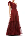 Mac Duggal Ruffled One Shoulder Tiered Chiffon Gown In Wine