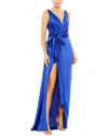 Mac Duggal Self Tie Draped Gown With Overlay Train In Blue