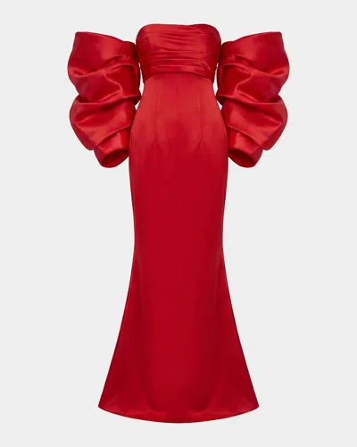 Mac Duggal Oversized Bow Satin Gown In Ruby