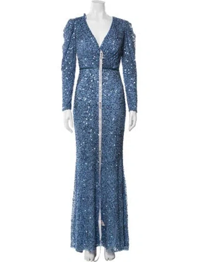 Pre-owned Mac Duggal Patterned Long Dress In Blue