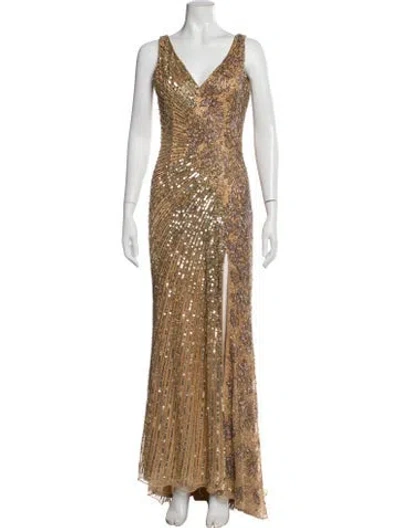 Pre-owned Mac Duggal Patterned Long Dress In Gold/metallic