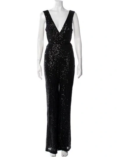 Pre-owned Mac Duggal Patterned V-neck Jumpsuit In Black