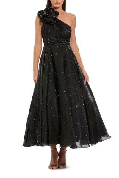Mac Duggal Pearl Beaded Organza One Shoulder Midi Dress In Black