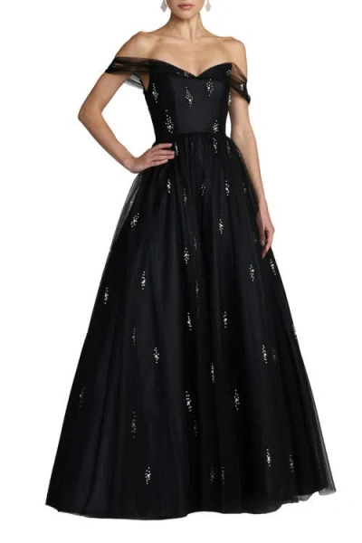 Mac Duggal Pearl Embellished Off The Shoulder Ball Gown In Black