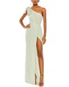 Mac Duggal Asymmetric Beaded One Shoulder Gown In Beige