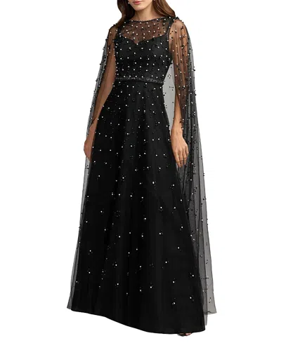 Mac Duggal Pearl Embellished Tulle A-line Gown With Cape In Black