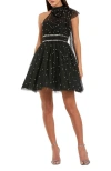 Mac Duggal Pearl Embellished Tulle Tie Neck A Line Mini Dress