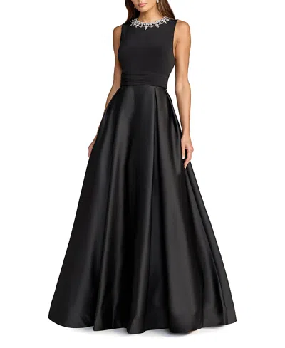 Mac Duggal Pearl-embellished High-neck Sleeveless A-line Evening Gown In Black