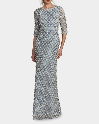 Mac Duggal Pearly-embellished Beaded Mesh Gown In Blue