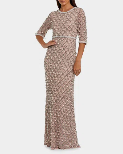 Mac Duggal Pearly-embellished Beaded Mesh Gown In Brown