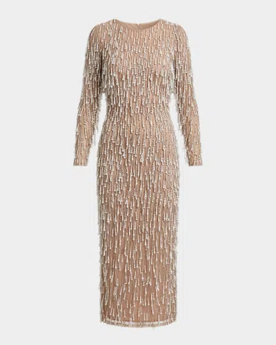 Mac Duggal Pearly Fringe Mesh Long-sleeve Midi Dress In Brown