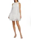 Mac Duggal Rhinestone Trim Halter Neck Feather Neck A-line Dress In White