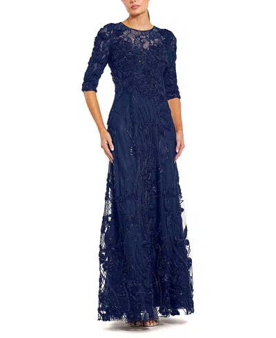 Mac Duggal Petite 3/4 Sleeve High Neck Embroidered A-line Gown In Blue