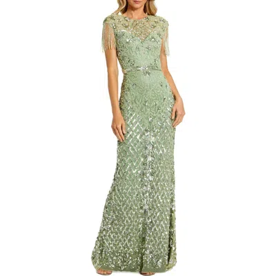 Mac Duggal Petite Beaded Fringe High-neck Fitted Evening Gown In Green