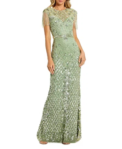 Mac Duggal Petite Beaded Fringe High-neck Fitted Evening Gown In Green