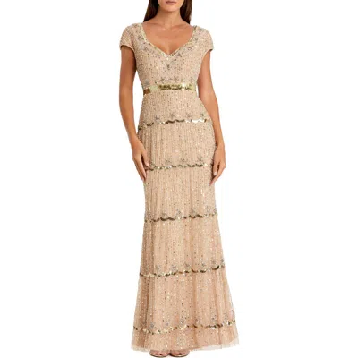 Mac Duggal Petite Beaded Sweetheart Cap Sleeve Tiered Gown In Neutral