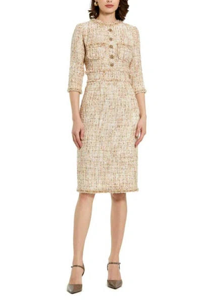 Mac Duggal Petite Beaded Trim Boucle Midi Dress With 3/4 Sleeves In Brown