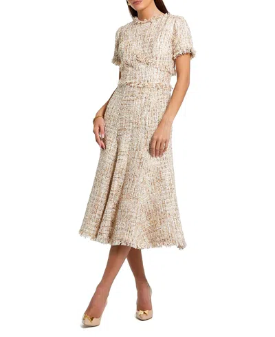 Mac Duggal Petite Beige Boucle Short Sleeve A Line Midi Dress In Neutral